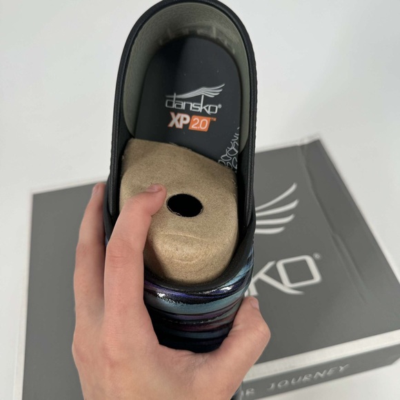 NIB Dansko Teal Striped patent leather slip on clogs multi sizes - Picture 2 of 6